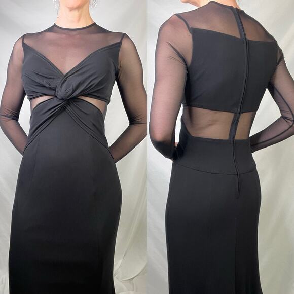 Cache Tadashi sheer illusion maxi dress vintage 90s Y2K mesh long sleeve gown S - Picture 12 of 14